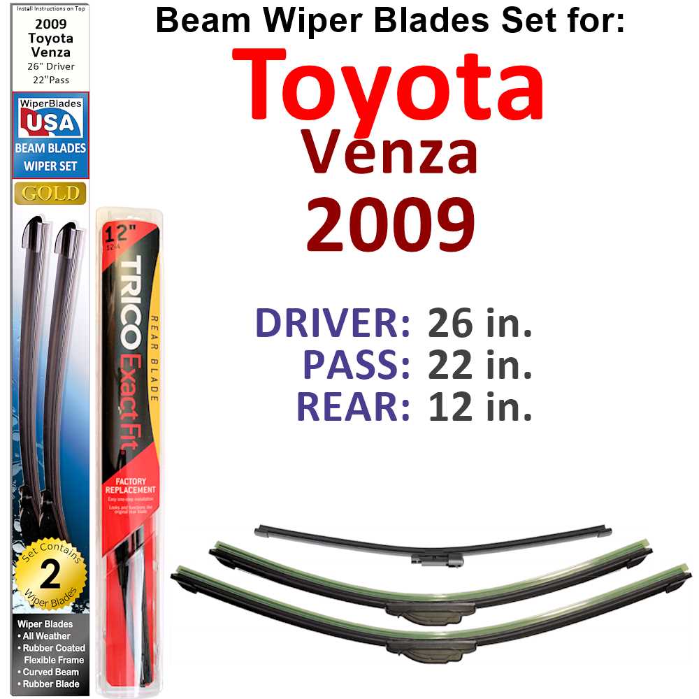 Set of 3 Beam Wiper Blades designed for 2009 Toyota Venza, showcasing their flexible and durable construction.