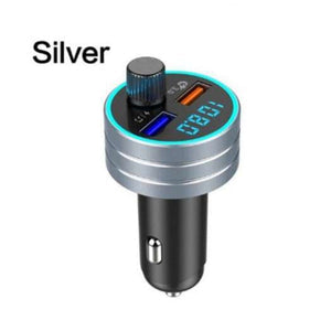 Bluetooth Transmitter Receiver Dual USB Car Charger with aluminum alloy and ABS material, featuring dual USB ports and compact design.