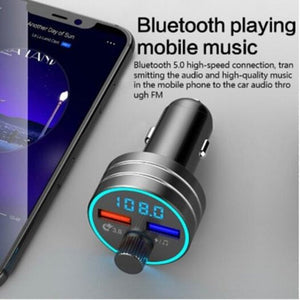 Bluetooth Transmitter Receiver Dual USB Car Charger with aluminum alloy and ABS material, featuring dual USB ports and compact design.