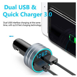 Bluetooth Transmitter Receiver Dual USB Car Charger with aluminum alloy and ABS material, featuring dual USB ports and compact design.