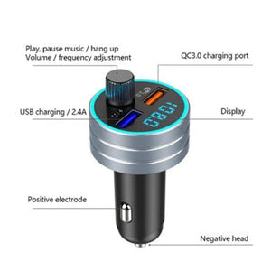 Bluetooth Transmitter Receiver Dual USB Car Charger with aluminum alloy and ABS material, featuring dual USB ports and compact design.