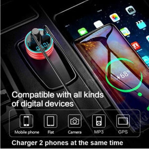 Bluetooth Transmitter Receiver Dual USB Car Charger with aluminum alloy and ABS material, featuring dual USB ports and compact design.