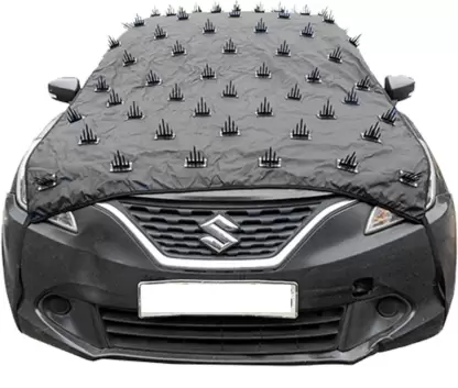 Grey universal car cover for sedans, made from durable polyester with elastic strips and rust-free spikes for stability.