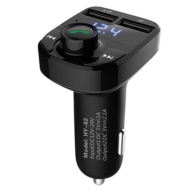 Car MP3 Audio Player Bluetooth Handsfree Car Charger with LED screen and USB ports, designed for music streaming and device charging.