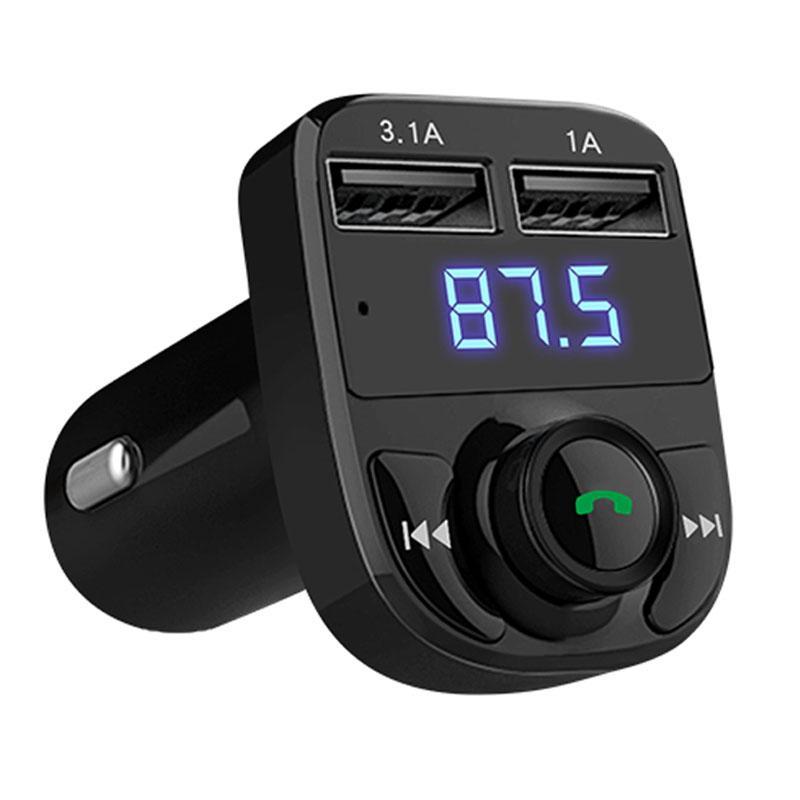 Car MP3 Audio Player Bluetooth Handsfree Car Charger with LED screen and USB ports, designed for music streaming and device charging.