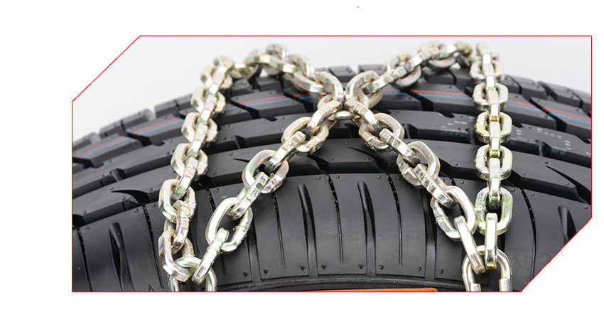 Car SUV Anti-skid Chain displayed on a snowy road, showcasing its durable steel construction and wear-resistant features.