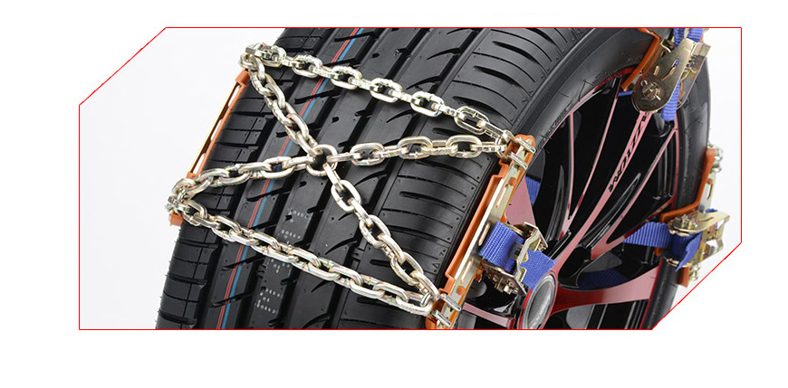 Car SUV Anti-skid Chain displayed on a snowy road, showcasing its durable steel construction and wear-resistant features.