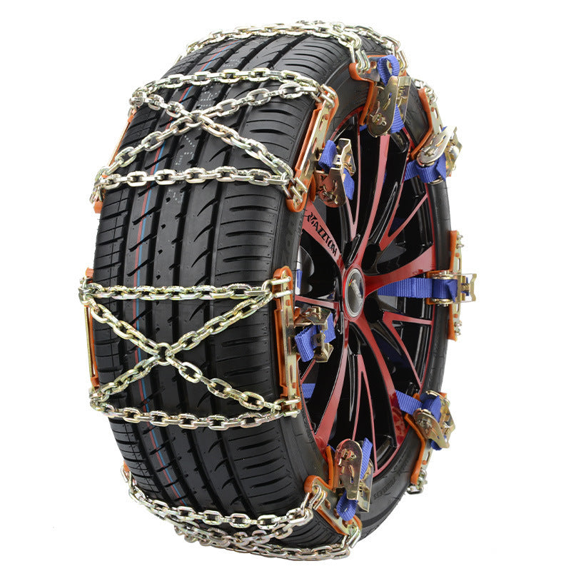 Car SUV Anti-skid Chain displayed on a snowy road, showcasing its durable steel construction and wear-resistant features.