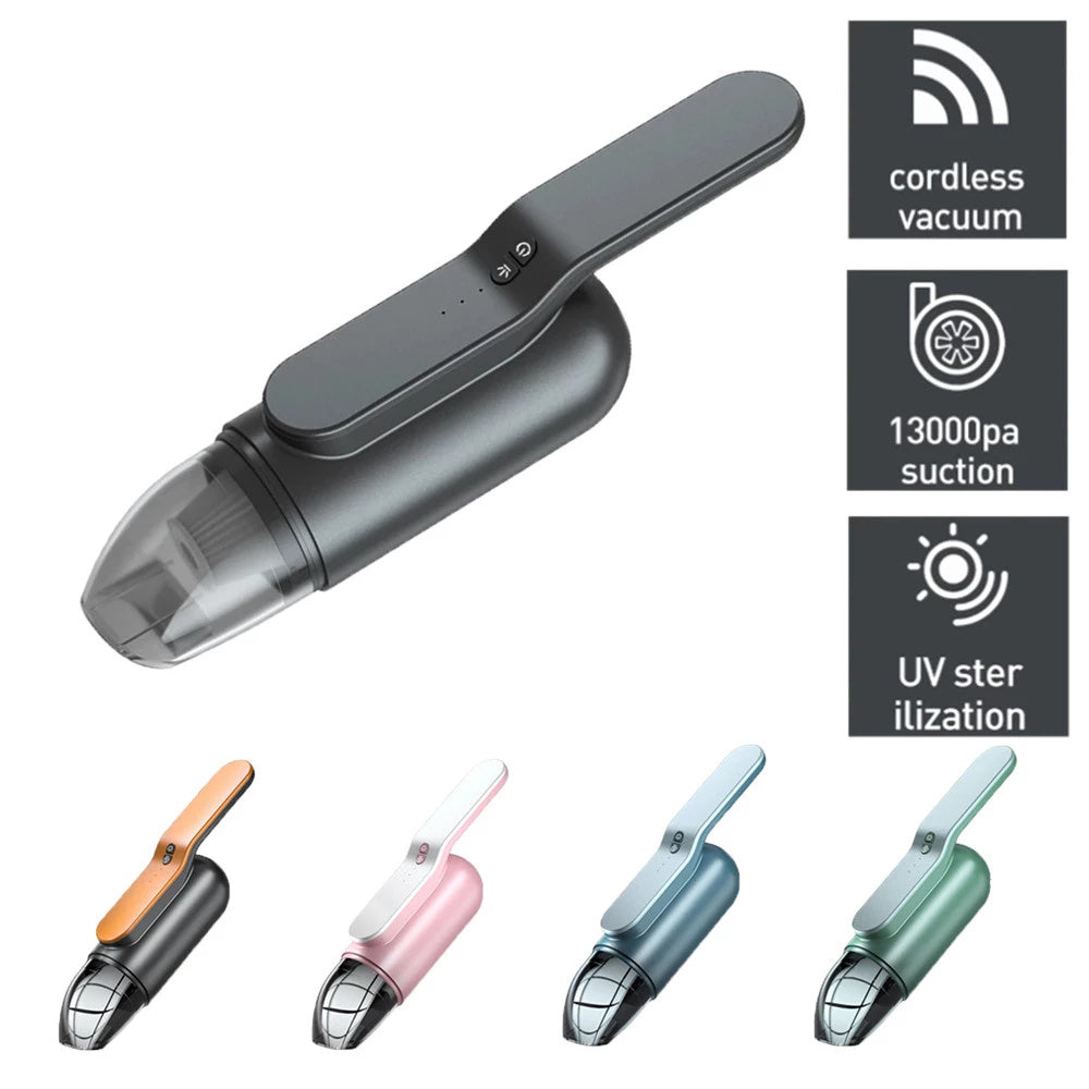 A sleek, handheld mini car vacuum cleaner with wireless charging capability, available in multiple colors, showcasing its compact design and powerful suction.