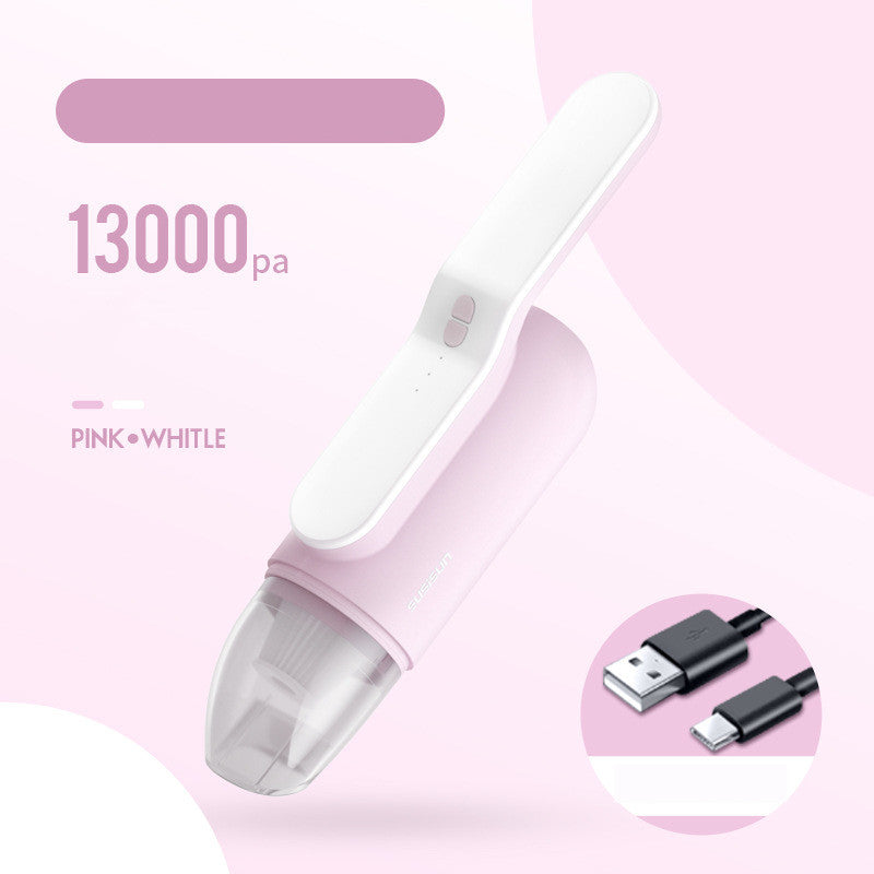 A sleek, handheld mini car vacuum cleaner with wireless charging capability, available in multiple colors, showcasing its compact design and powerful suction.