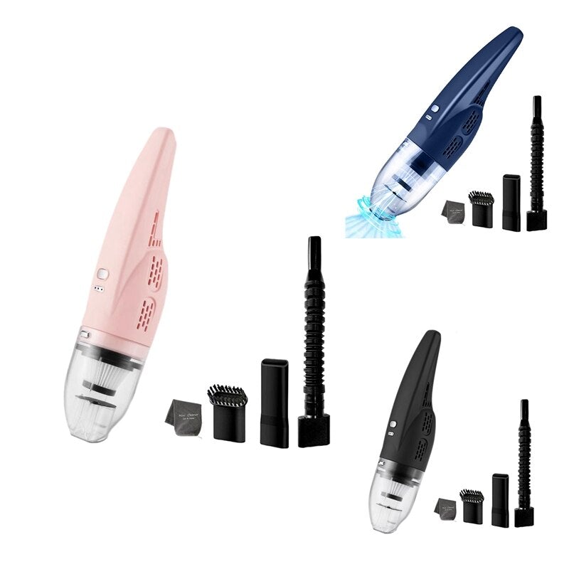 Cordless Portable Car Handheld Vacuum Cleaner in pink, showcasing its sleek design and accessories including a USB power cord and various nozzles.