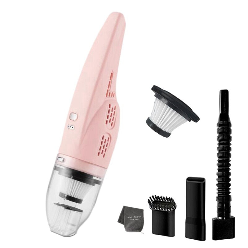 Cordless Portable Car Handheld Vacuum Cleaner in pink, showcasing its sleek design and accessories including a USB power cord and various nozzles.