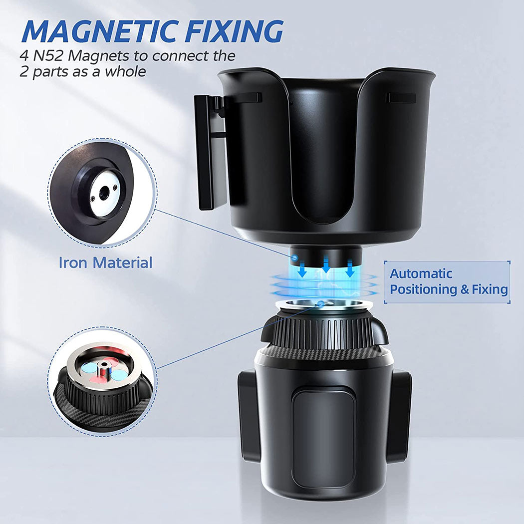 Cup Holder Expander for Car, adjustable base fitting 3.02 to 4.62 inches, featuring rubber tabs and magnetic design for stability.