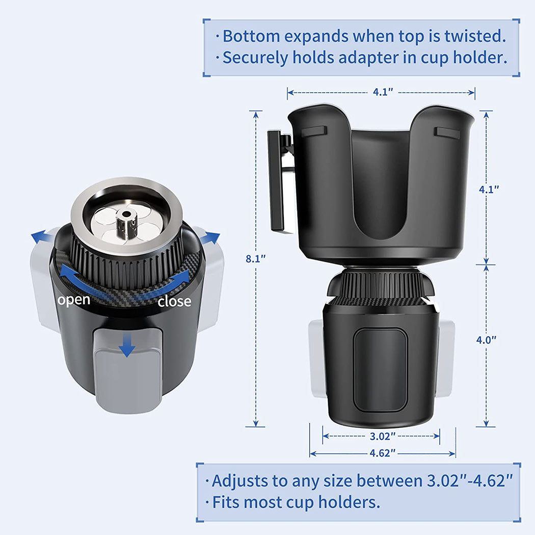 Cup Holder Expander for Car, adjustable base fitting 3.02 to 4.62 inches, featuring rubber tabs and magnetic design for stability.