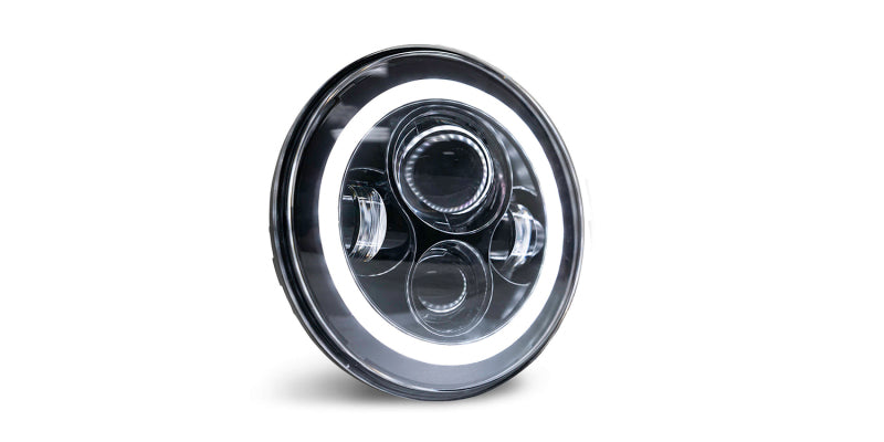 DV8 Offroad LED Projector Headlights for Jeep Wrangler JK with Angel Eye light rings, showcasing bright white light and modern design.