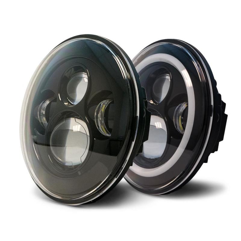 DV8 Offroad LED Projector Headlights for Jeep Wrangler JK with Angel Eye light rings, showcasing bright white light and modern design.