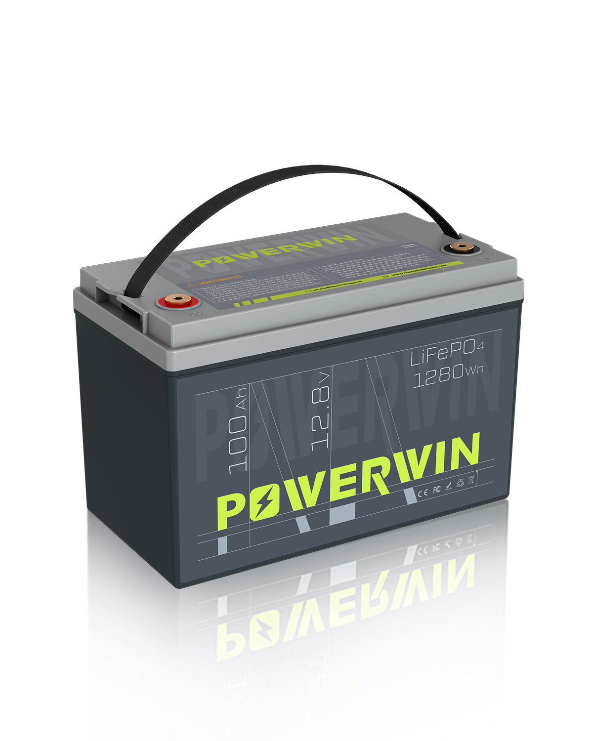 EU POWERWIN 12.8V 100Ah LiFePO4 Lithium Battery showcasing its sleek design and advanced features.