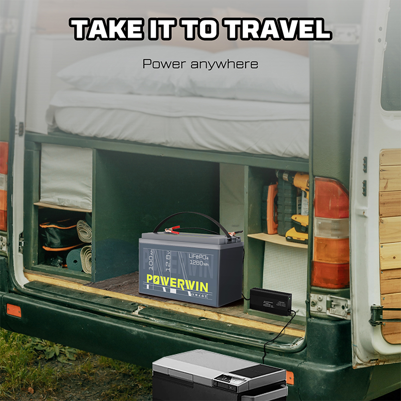 EU POWERWIN 12.8V 100Ah LiFePO4 Lithium Battery showcasing its sleek design and advanced features.