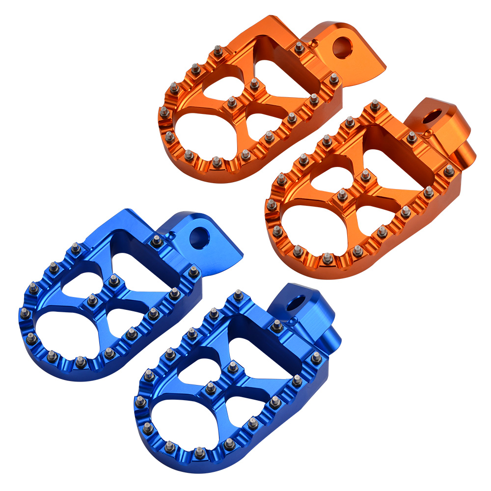 Blue and orange motorcycle foot pegs.