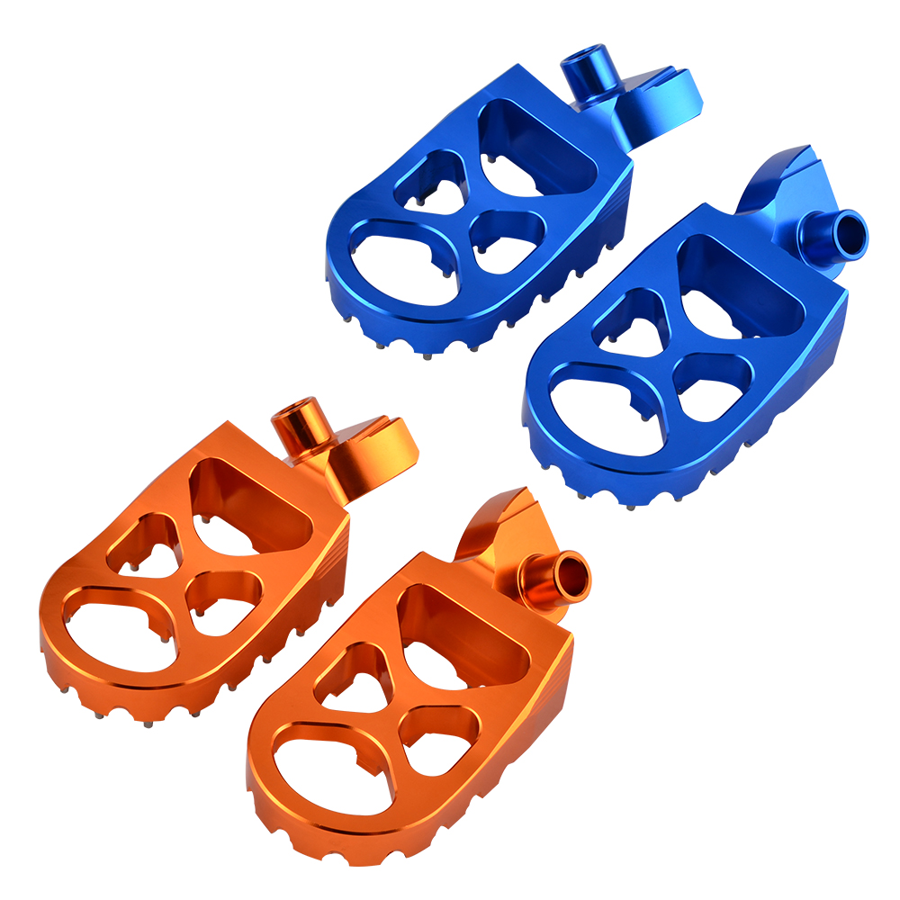 Blue and orange motorcycle foot pegs.