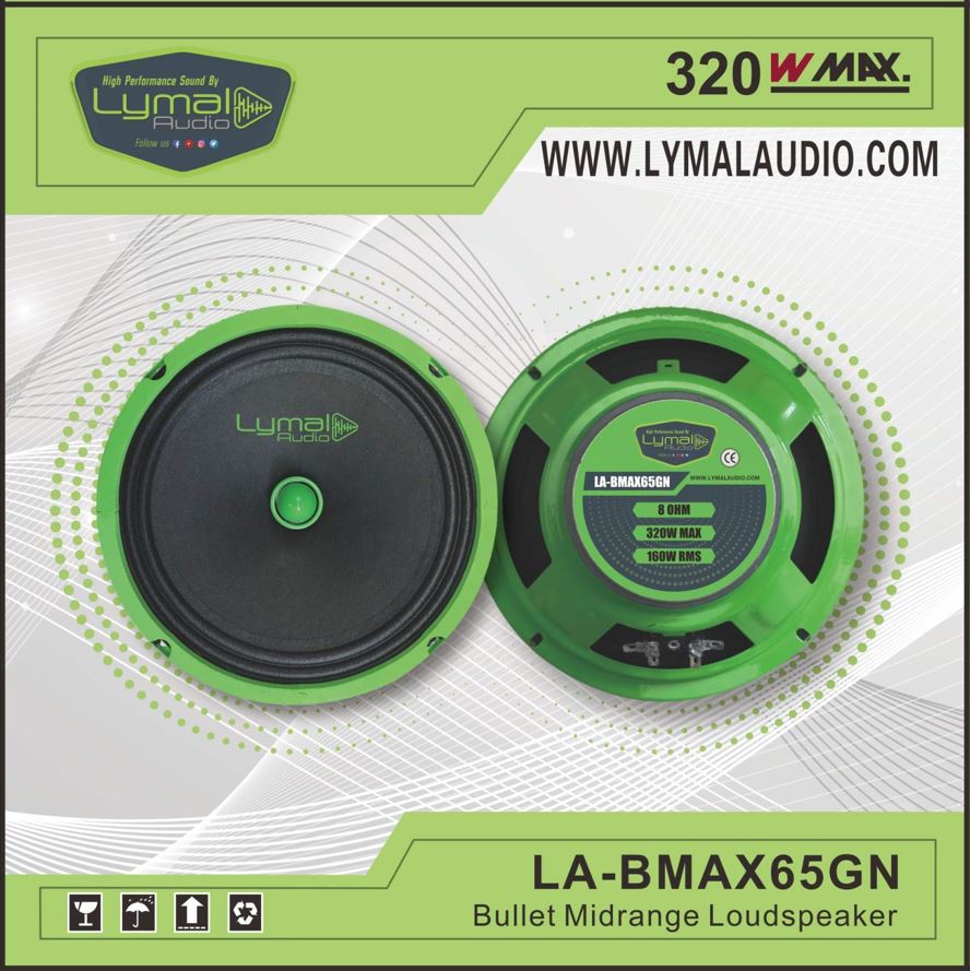 Lymal Audio BMAX Series LA-BMAX65GN 6.5" Midrange Speaker with Bullet, featuring a black paper woofer cone and robust design.