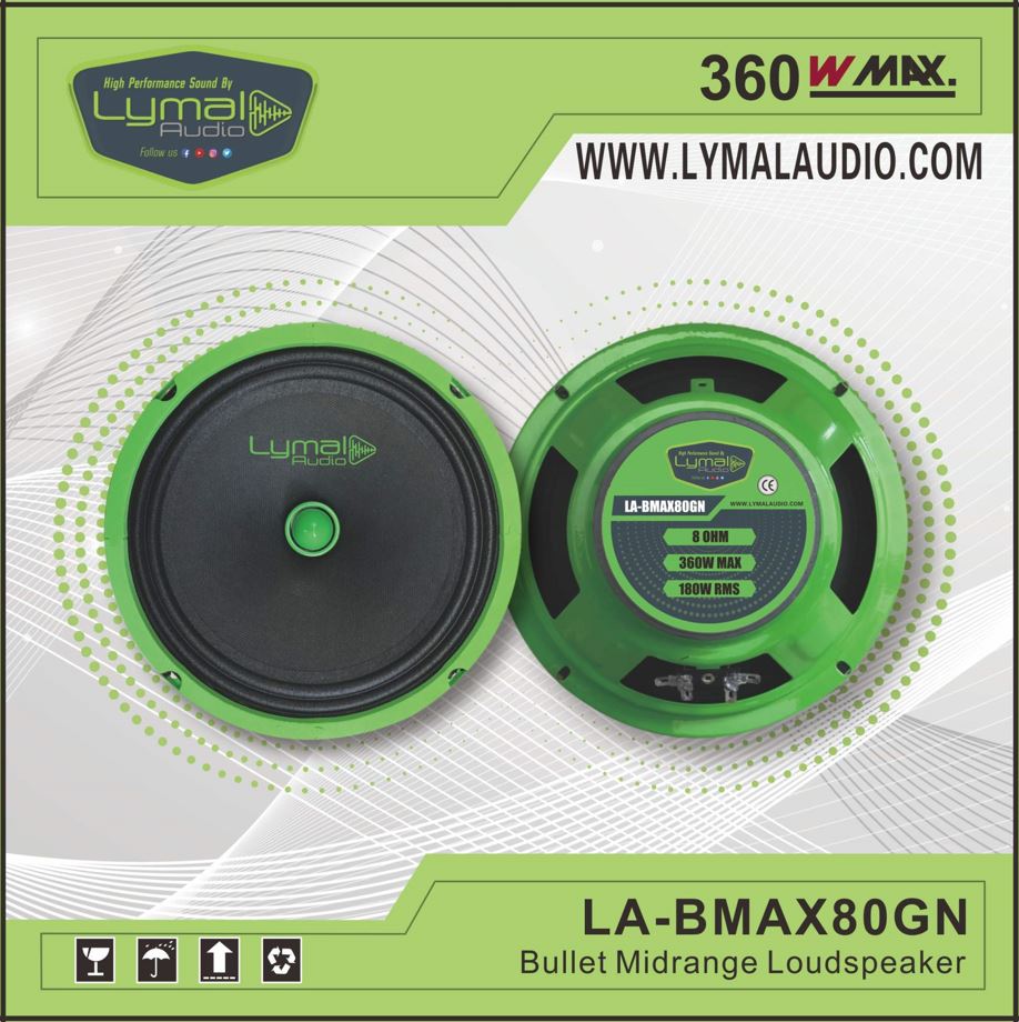 LA-BMAX80GN 8-inch midrange speaker with bullet design, featuring a black paper woofer cone and robust construction for high-quality sound.