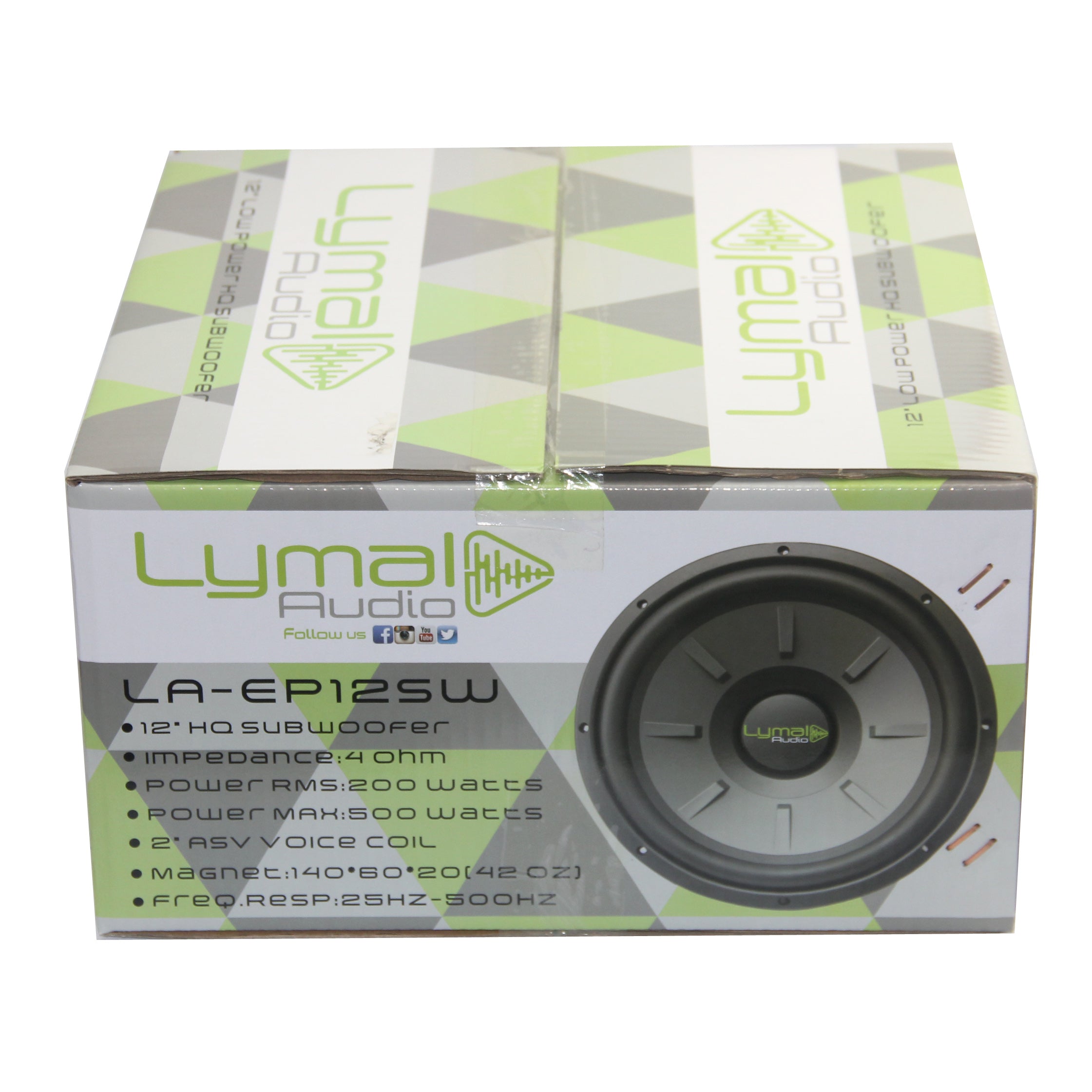 Lymal Audio LA-EP12SW 12-inch car audio subwoofer with polypropylene cone and rubber surround.