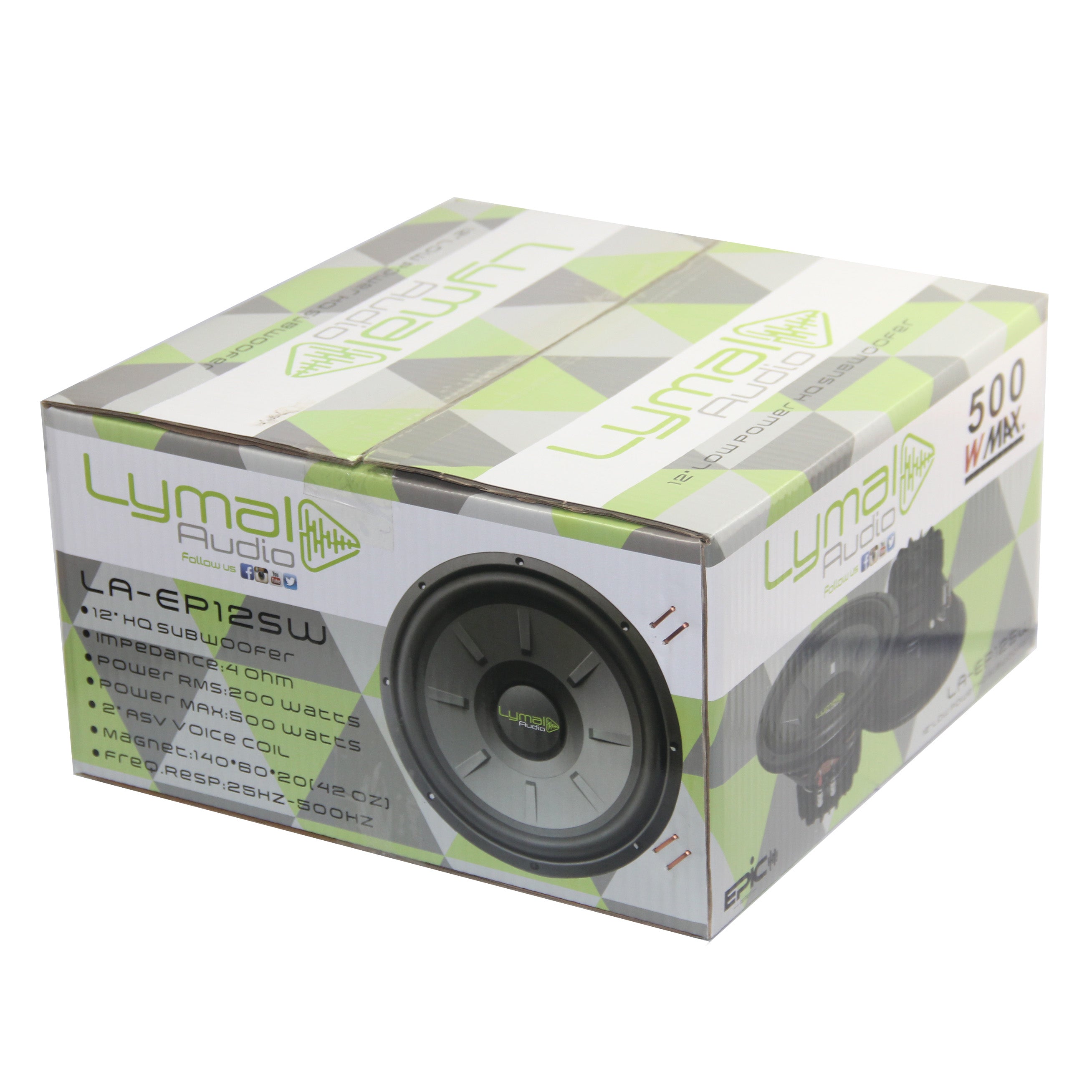 Lymal Audio LA-EP12SW 12-inch car audio subwoofer with polypropylene cone and rubber surround.