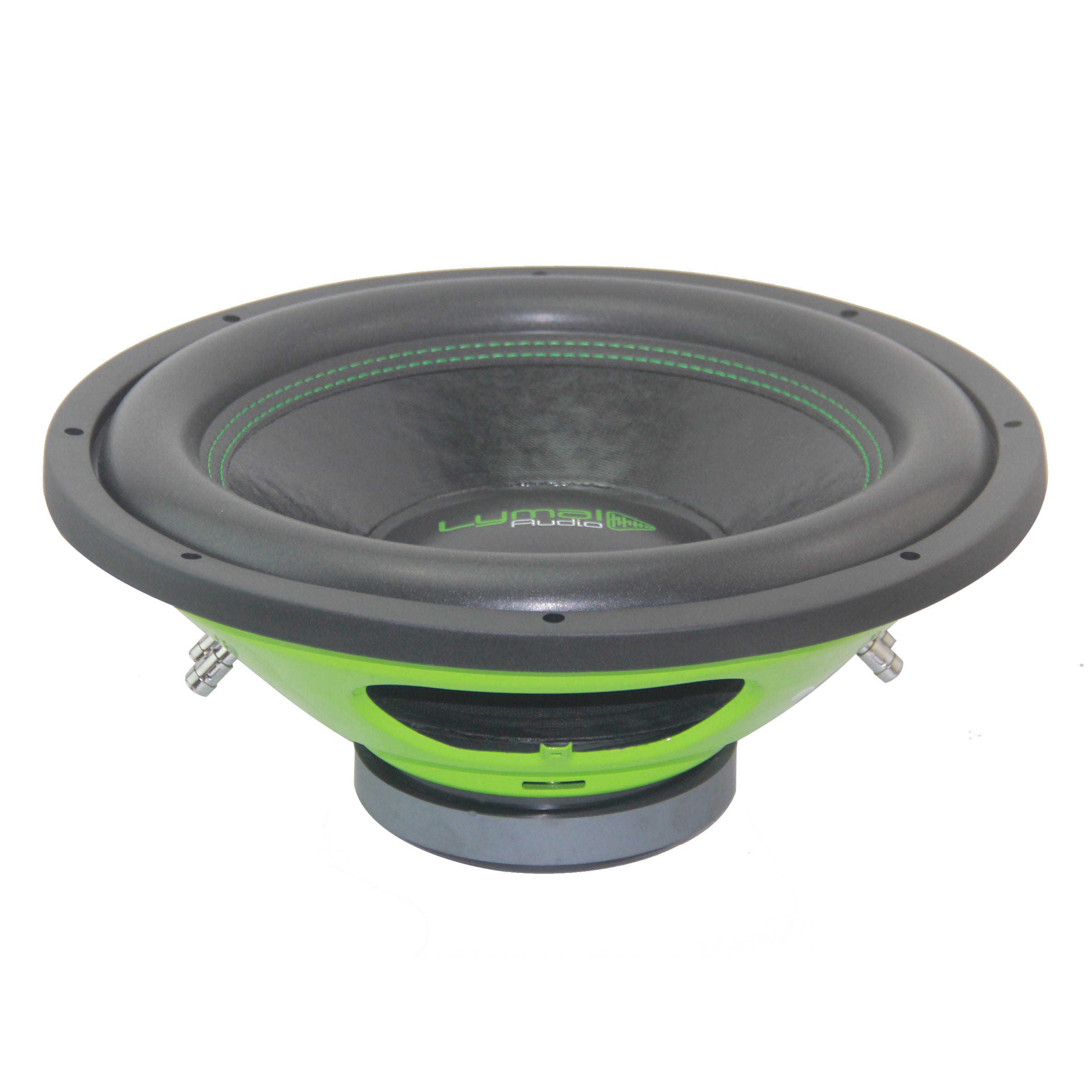 Lymal Audio LA-EPX15D4 15-inch subwoofer with dual voice coils and polypropylene cone, showcasing its robust design and features.