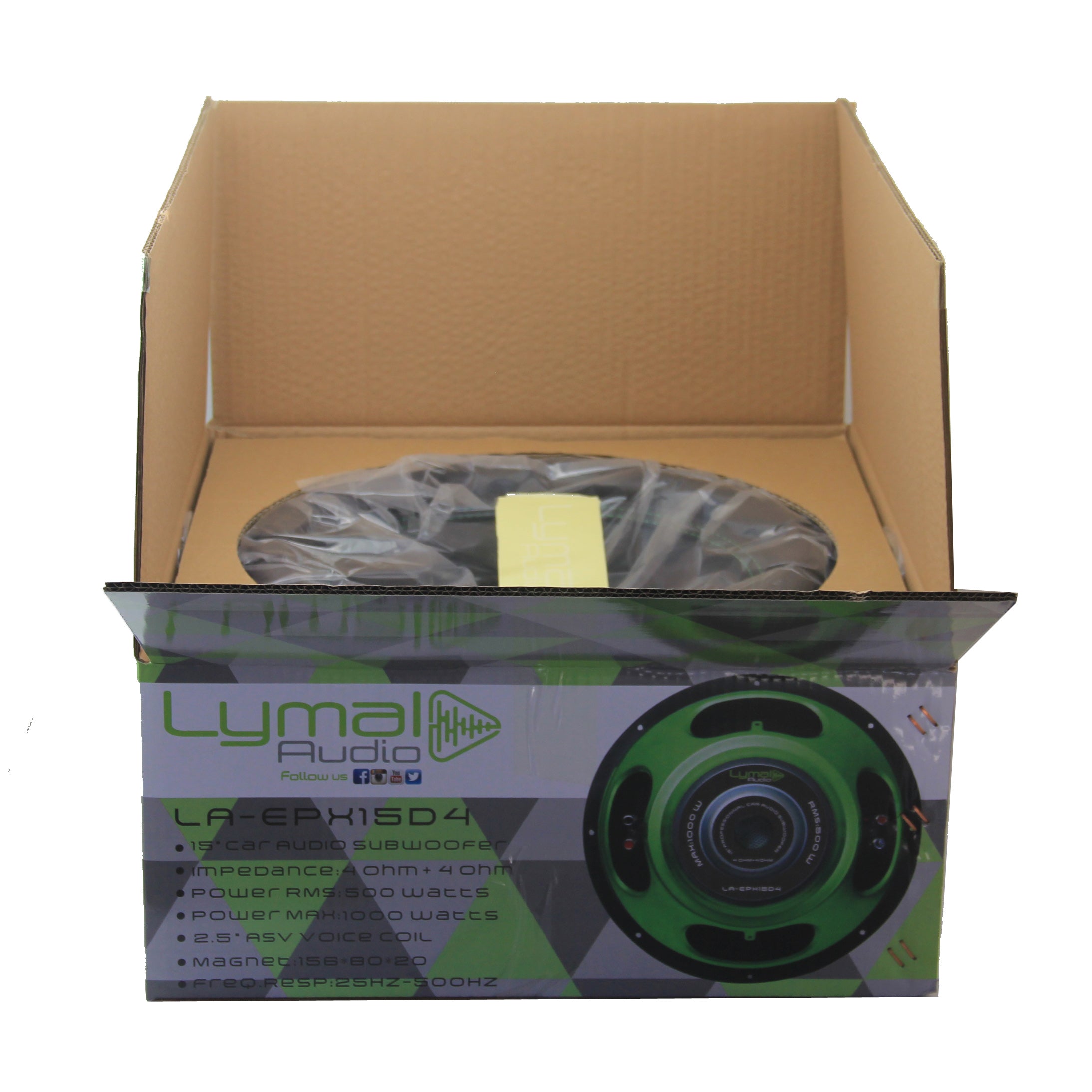 Lymal Audio LA-EPX15D4 15-inch subwoofer with dual voice coils and polypropylene cone, showcasing its robust design and features.