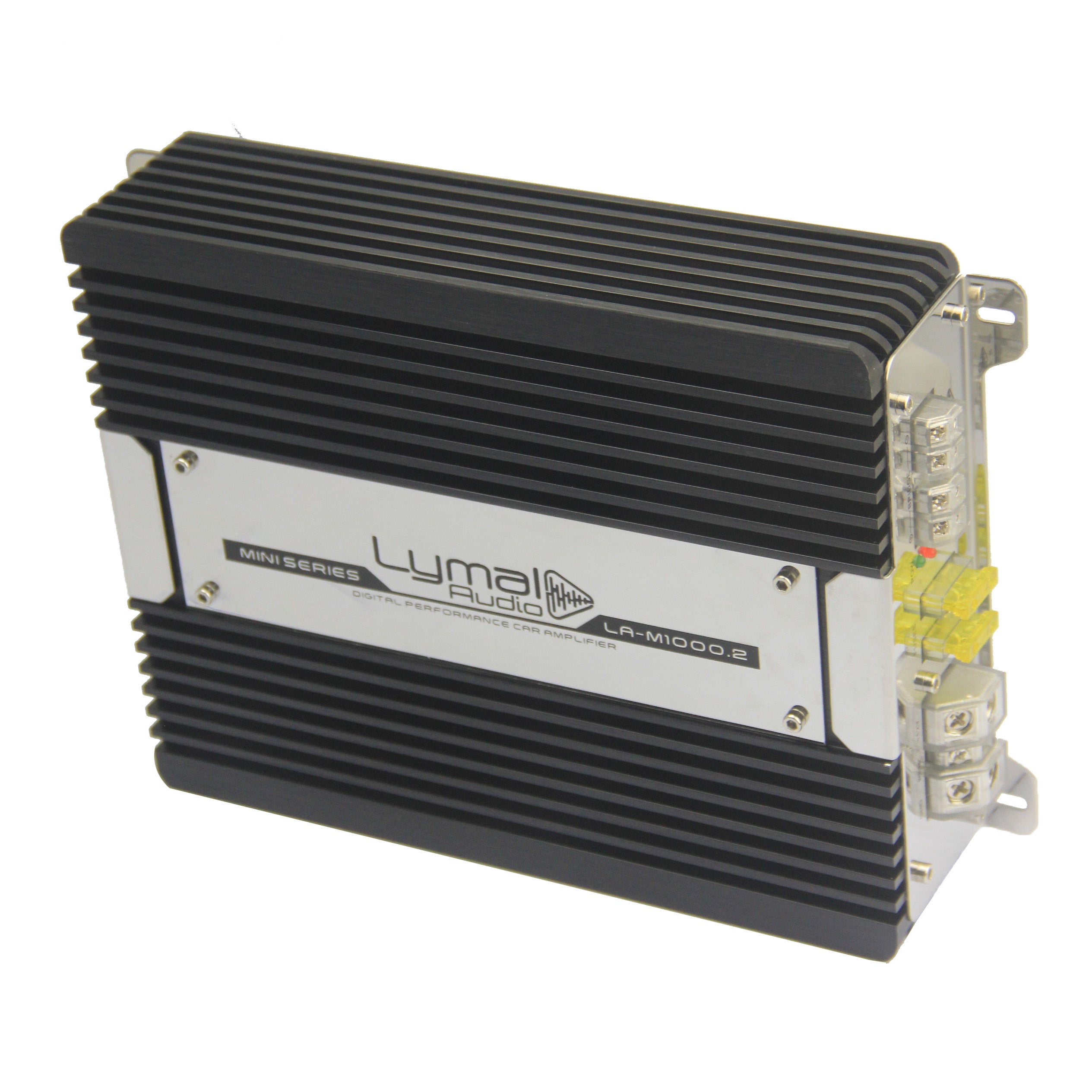 LA-M1000.2 1000 Watts 2 Channel Car Amplifier with sleek design and compact dimensions.