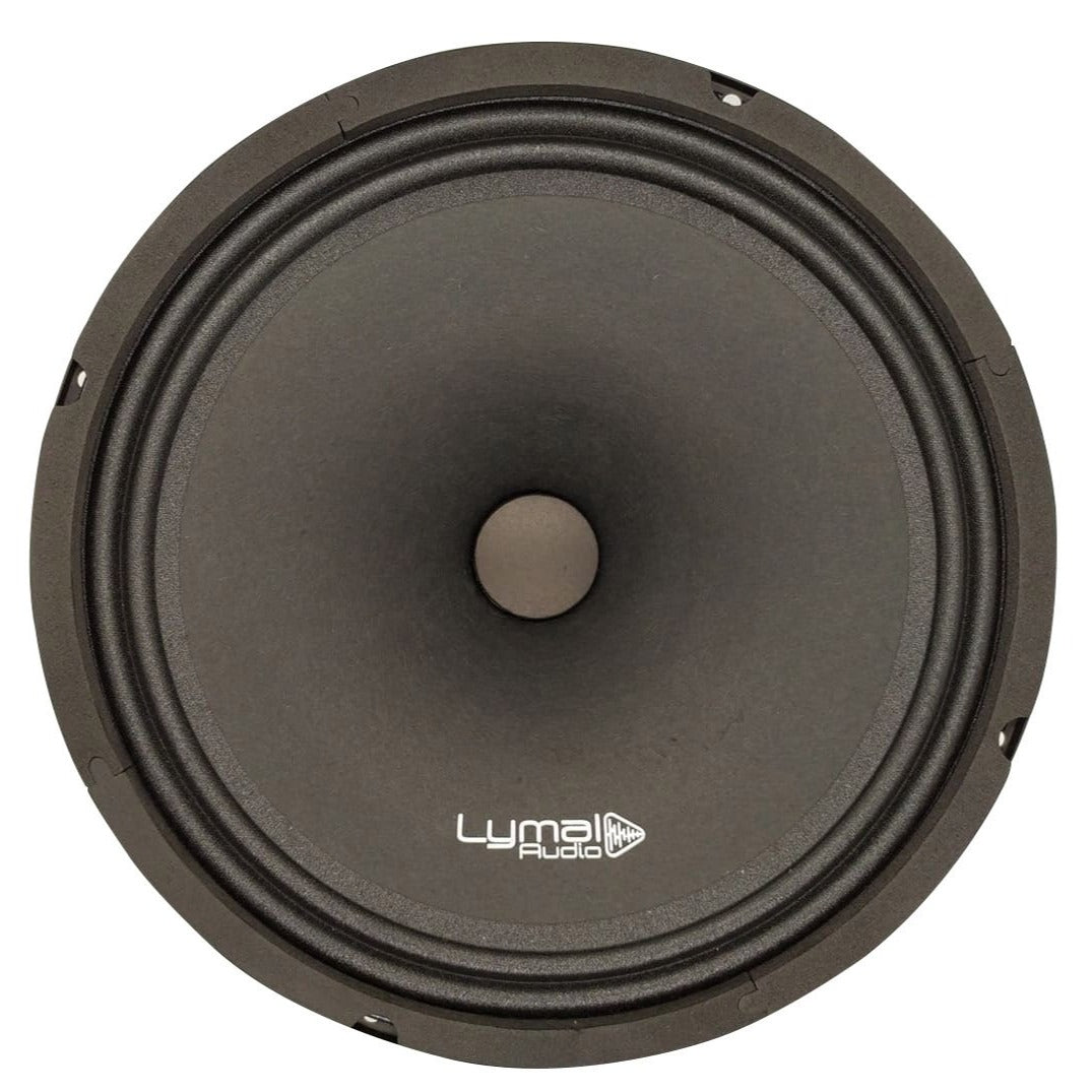 Lymal Audio LT-108F 10-inch Midrange Loudspeaker showcasing its black paper cone and steel basket design.