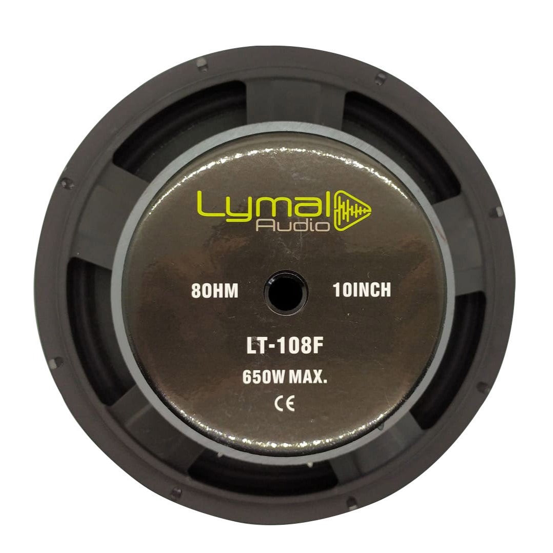 Lymal Audio LT-108F 10-inch Midrange Loudspeaker showcasing its black paper cone and steel basket design.