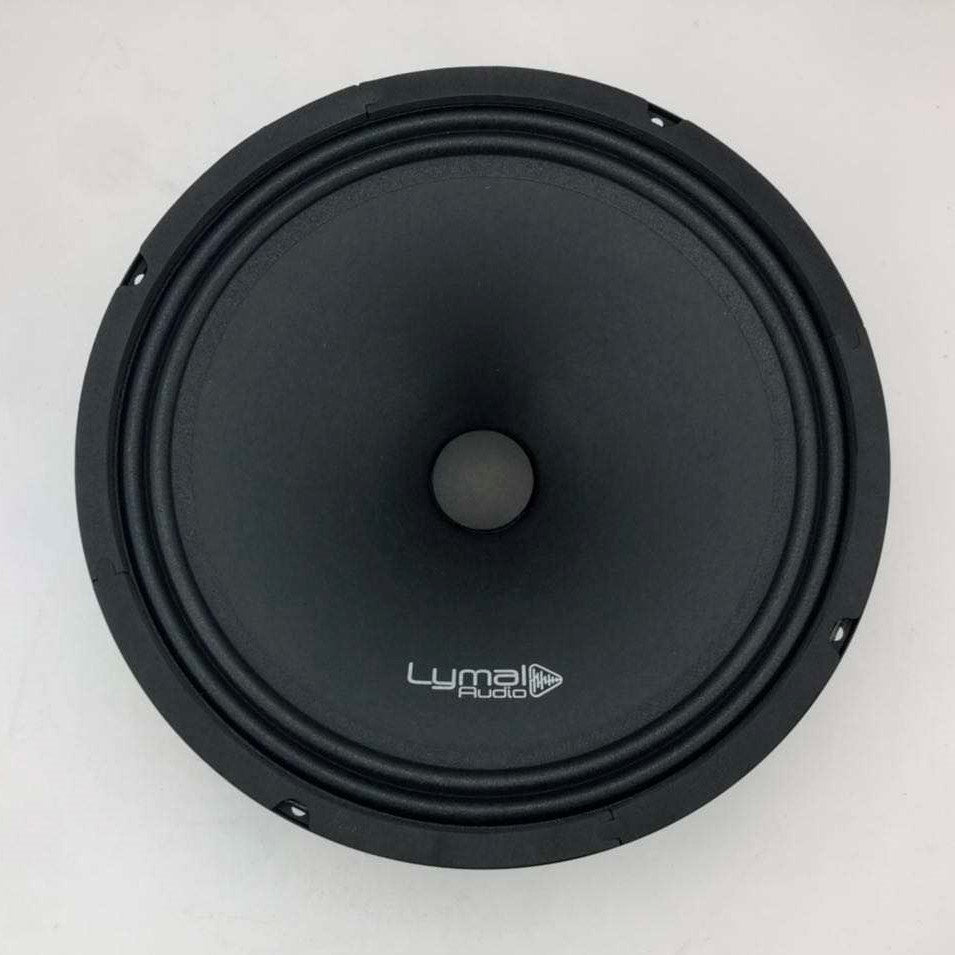 Lymal Audio LT-108F 10-inch Midrange Loudspeaker showcasing its black paper cone and steel basket design.