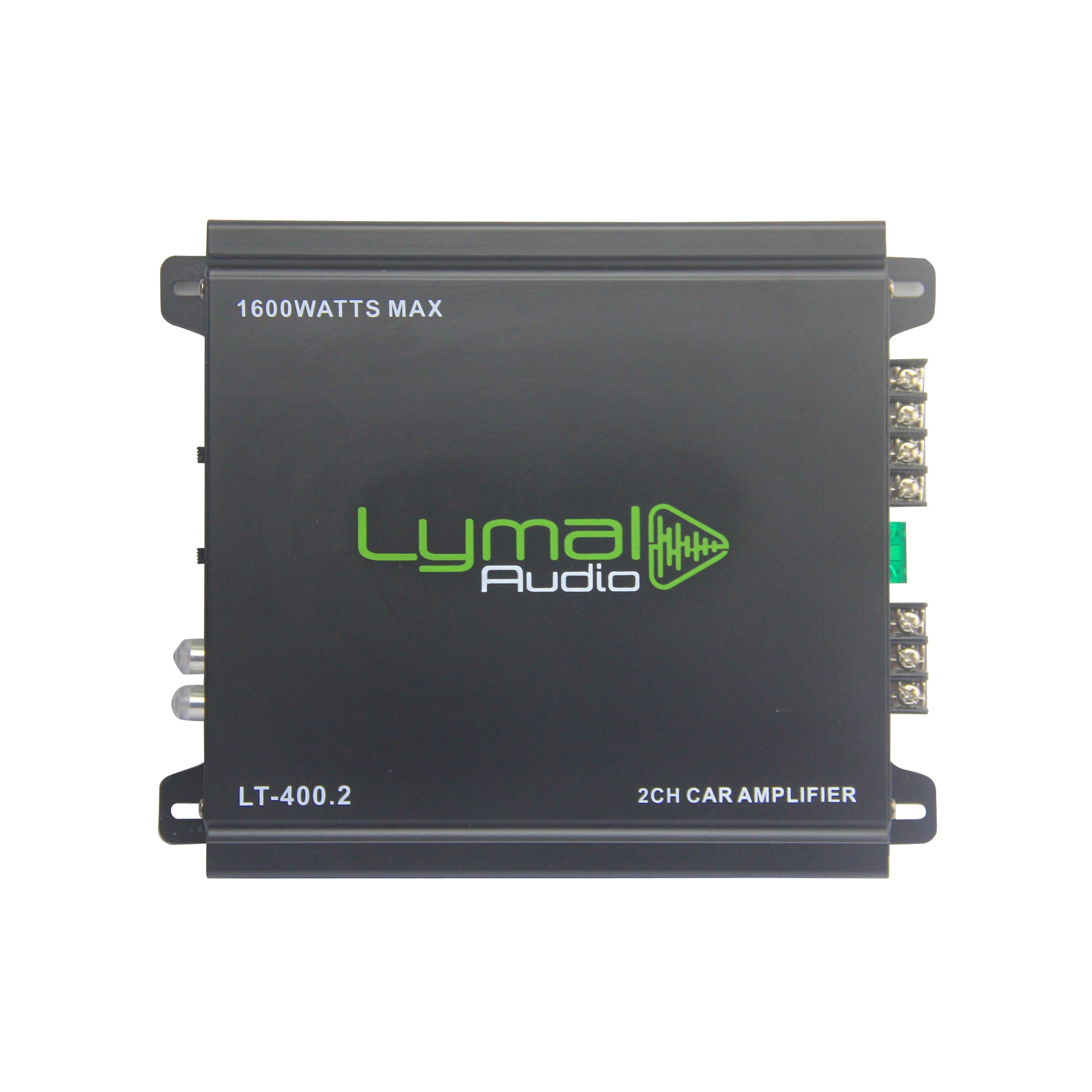 Lymal Audio LT-400.2 1600 Watts 2 Channel Car Amplifier showcasing its sleek design and advanced features.