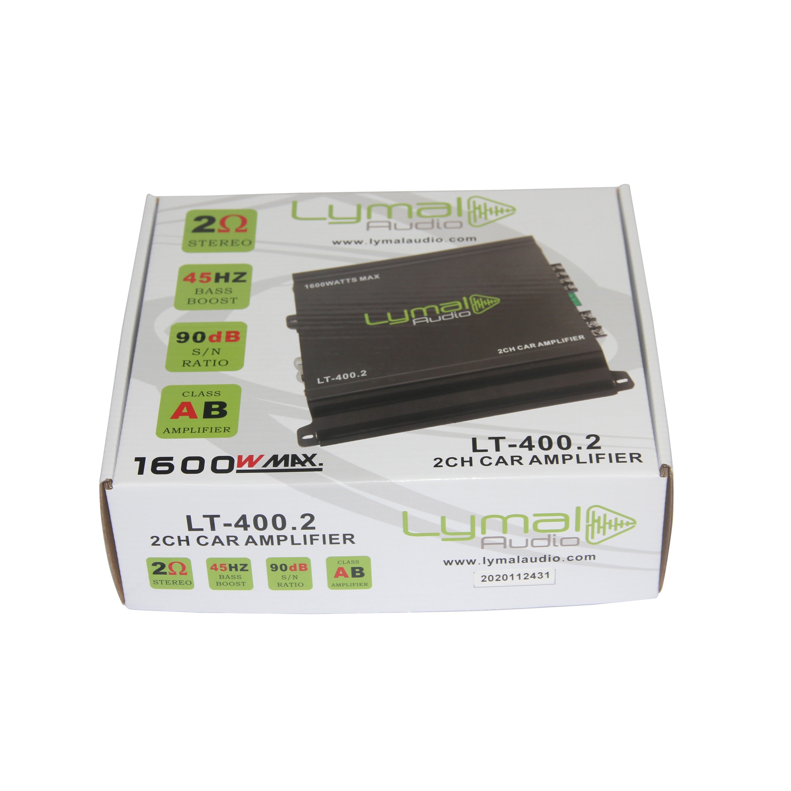 Lymal Audio LT-400.2 1600 Watts 2 Channel Car Amplifier showcasing its sleek design and advanced features.