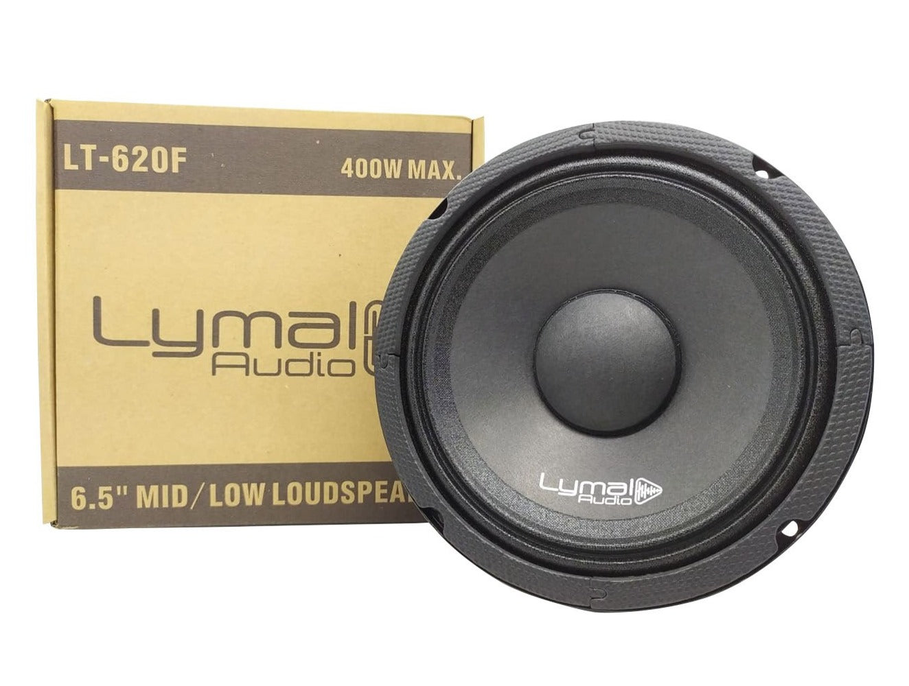 Lymal Audio LT-620F 6.5" Midrange Loudspeaker showcasing its black paper cone and robust iron basket.