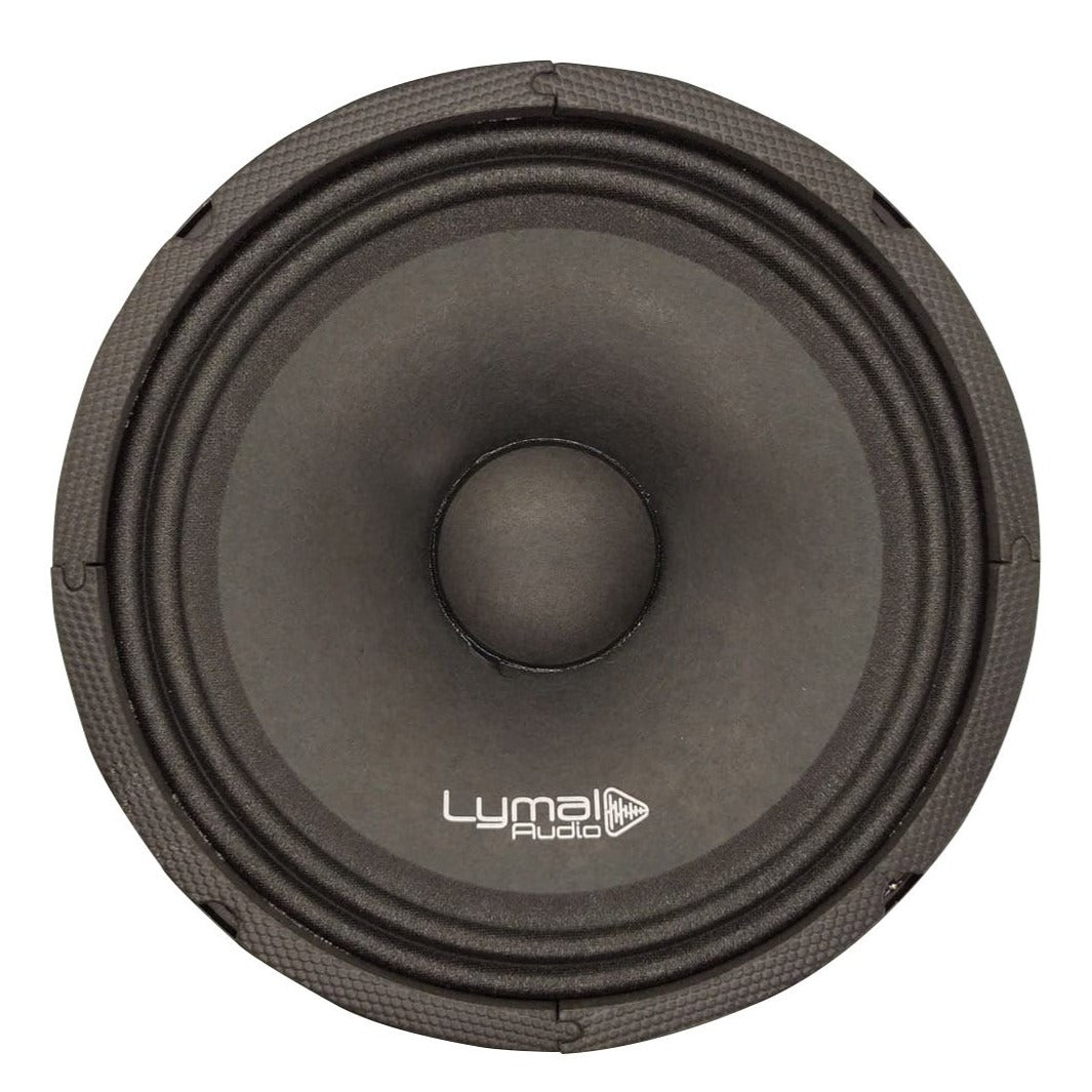 Lymal Audio LT-801F 8" Midrange Loudspeaker showcasing its black paper cone and robust iron basket design.