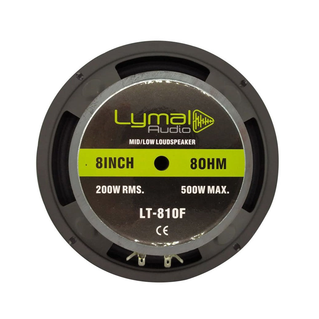 Lymal Audio LT-801F 8" Midrange Loudspeaker showcasing its black paper cone and robust iron basket design.