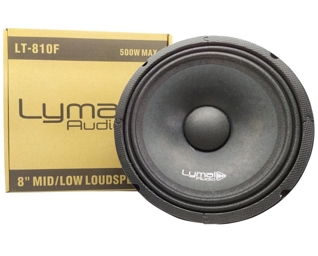 Lymal Audio LT-801F 8" Midrange Loudspeaker showcasing its black paper cone and robust iron basket design.