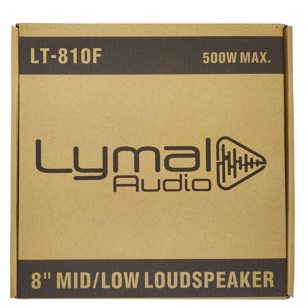 Lymal Audio LT-801F 8" Midrange Loudspeaker showcasing its black paper cone and robust iron basket design.