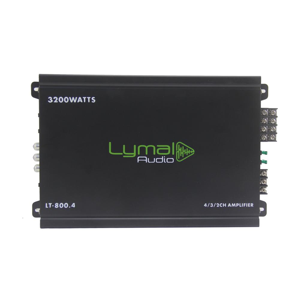 Lymal Audio LT-800.4 3200 Watts 4 Channel Car Amplifier showcasing its sleek design and advanced features.