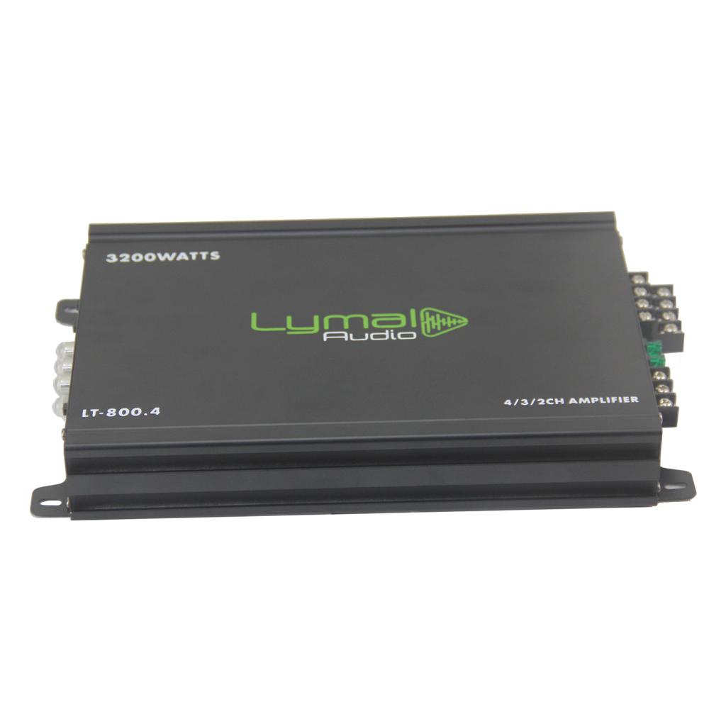 Lymal Audio LT-800.4 3200 Watts 4 Channel Car Amplifier showcasing its sleek design and advanced features.