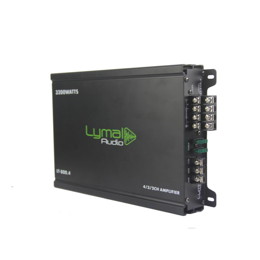 Lymal Audio LT-800.4 3200 Watts 4 Channel Car Amplifier showcasing its sleek design and advanced features.