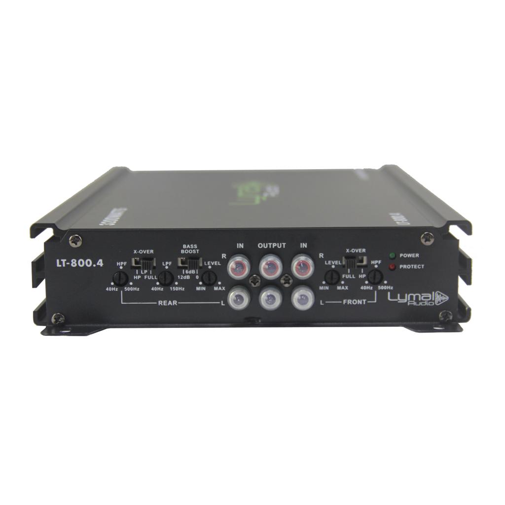 Lymal Audio LT-800.4 3200 Watts 4 Channel Car Amplifier showcasing its sleek design and advanced features.