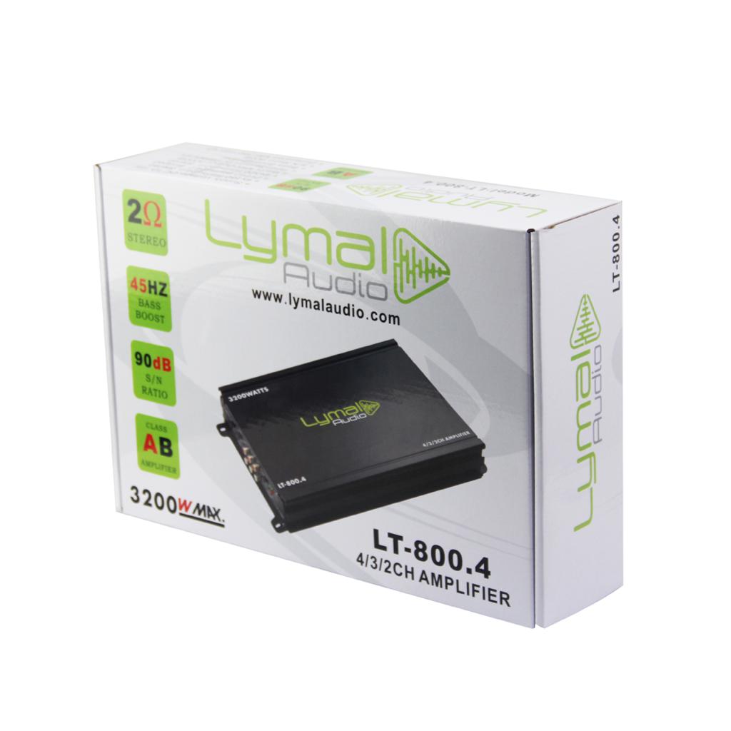 Lymal Audio LT-800.4 3200 Watts 4 Channel Car Amplifier showcasing its sleek design and advanced features.