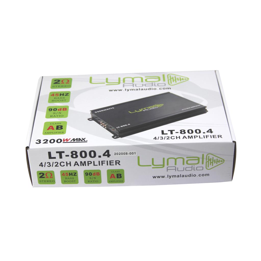 Lymal Audio LT-800.4 3200 Watts 4 Channel Car Amplifier showcasing its sleek design and advanced features.