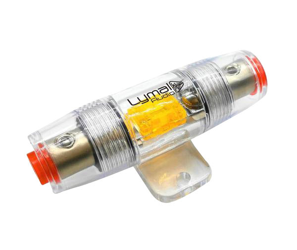 LT-AFS100A In-Line AFC Fuse Holder with 100 Amp fuse, showcasing its transparent design and 24 KT plated metal parts.