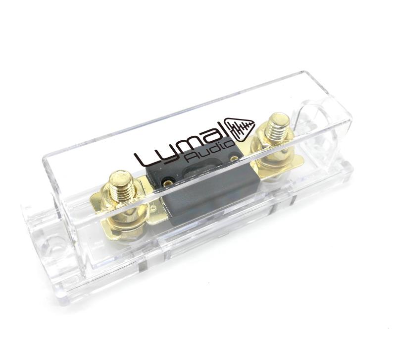 LT-ANL200A Heavy Duty ANL Fuse Holder Block with 200 Amp fuse, featuring gold plated connections and a clear dust cover.