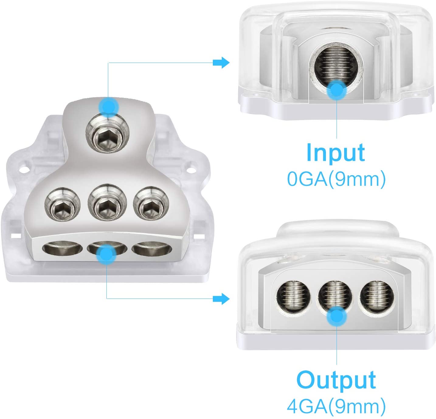 Lymal Audio LT-DB04 Power Distribution Block with clear protective cover and high-quality plating, designed for car audio systems.